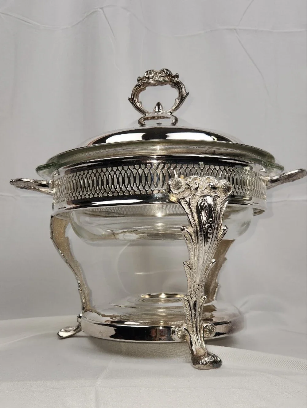 Vntg English Silver/Leonard Silverplated Chaffing Dish Anchor Hocking Glass Bowl